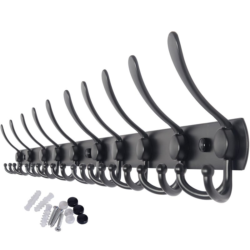 WEBI Coat Rack Wall Mount,37 5/8" Long,10 Hooks,Coat Hooks Wall Mounted,16" Hole to Hole,Coat Hanger Wall,Triple Hooks for Hanging Coats,Clothes,Jacket,Hats,Black - Image 1